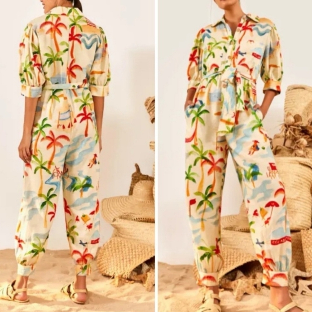 Farm Rio Anthropologie Sz Xs Copacabana Tropical Print Pocket Jumpsuit Belt